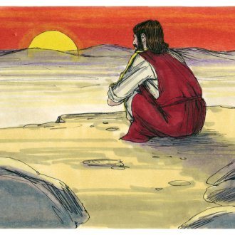 Jesus with his back turned toward us. He's in the desert looking off into the horizon as the sun sets in the mountains..