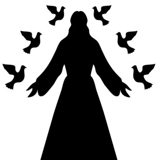 A silhouette of Jesus (presumably) surrounded by six doves, three on each side of him.