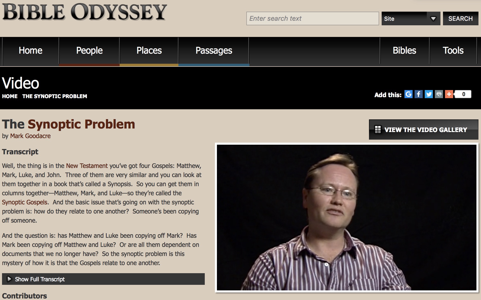 Front page of the website, "Bible Odyssey," with a discussion of The Synoptic Problem as explained by Mark Goodacre. A video and transcript can be found at the linked site.