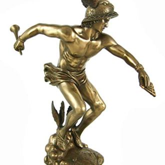 Hermes is bronze. He's wearing a hat with wings. He's bare-chested and has a pan pipe in one hand and a trumpet in the other. His feet are also winged.