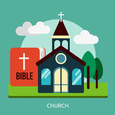 A cartoon picture of a church next to a giant Bible before a setting of clouds, trees, sky, and grass.