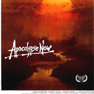 The movie poster for Apocalypse Now, A sun is setting on a river. Helicopters are in the air across the sky. The words "Apocalypse Now" are handwritten. The Palme D'Or is in the bottom right corner.