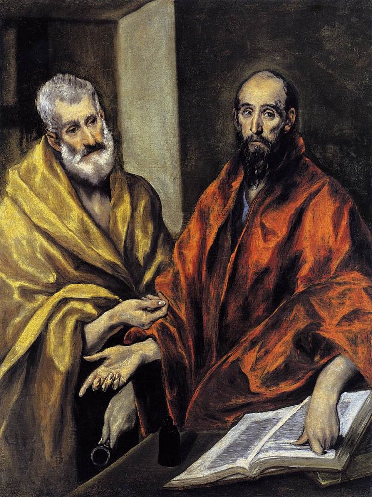 A bald St. Paul (right) is pointing to the text and St. Peter (left) is holding a key. Peter and Paul's other hands are parallel with each other.
