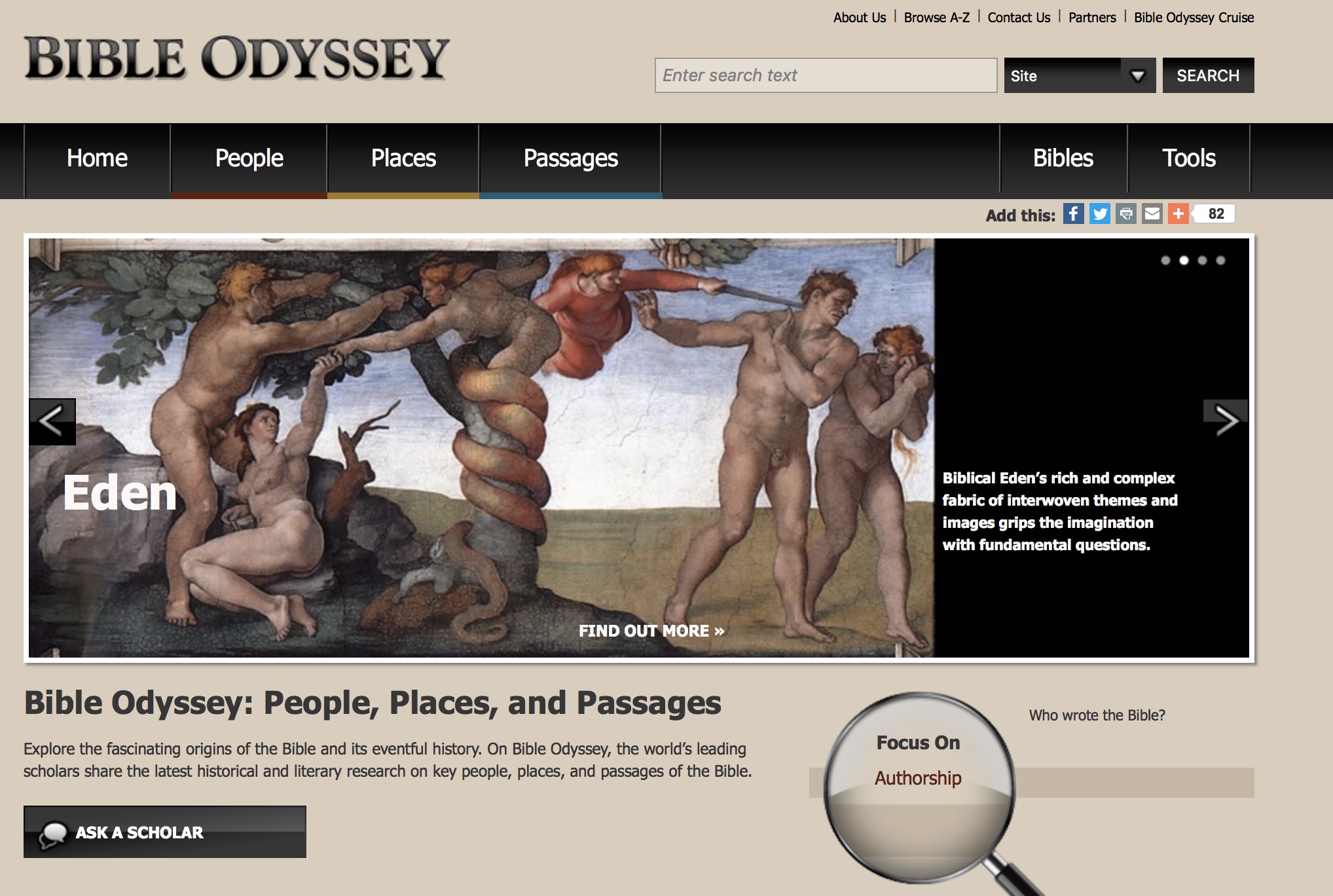 The front page of the website, Bible Odyssey