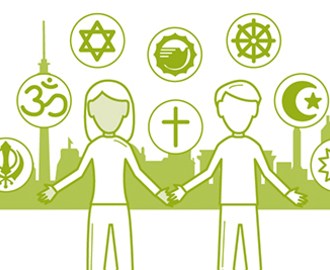 2 cartoon people holding hands against the skyline of Berlin with images of the world religions in the sky.