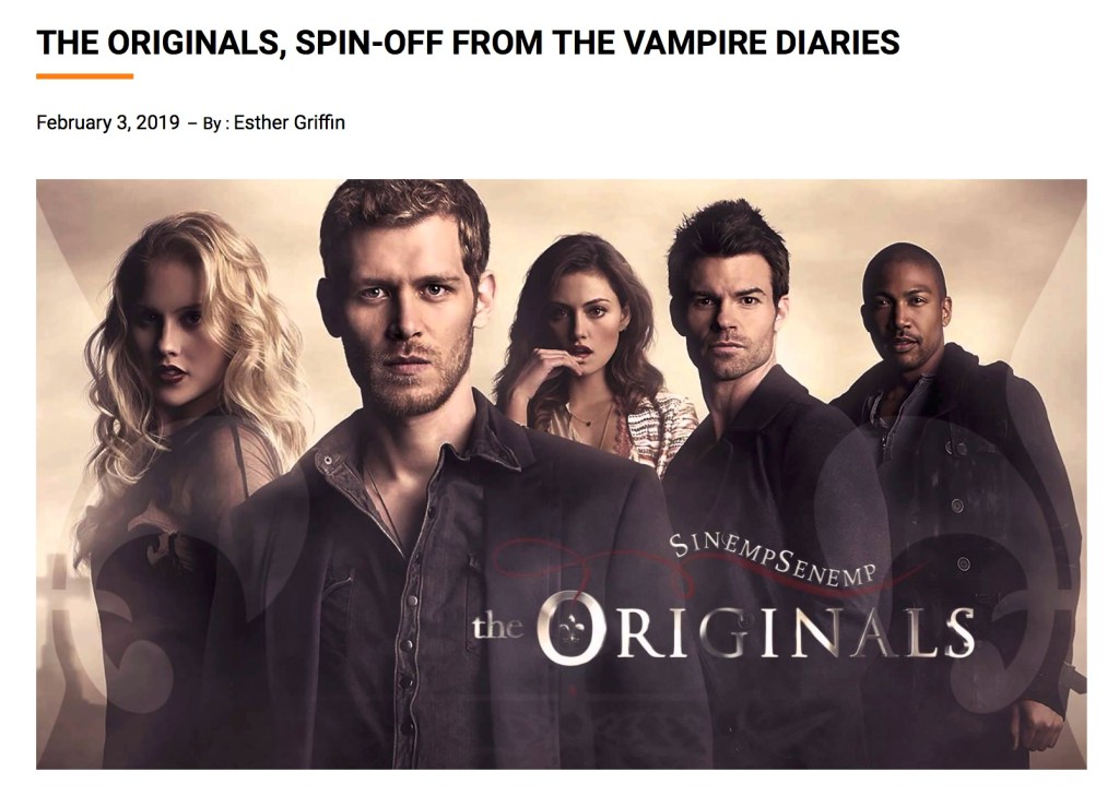 An advertisement for a show called "The Originals" featuring two women and three men. There is a headline that says "The Originals, a spin-off from The Vampire Diaries."