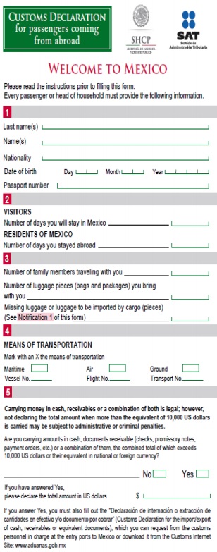 "Customs Declaration for passengers coming from Abroad" form from Mexico.