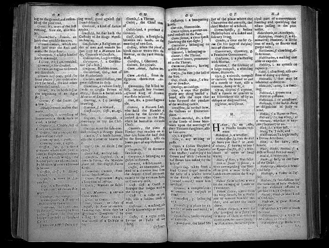 An old English dictionary opened up for view.
