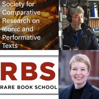 A collage of the Rare Book School logo, the header for the Society for Comparative Research on Iconic and Performative Texts and photos of Dr. David Dault and Dr. Sonia Hazard.