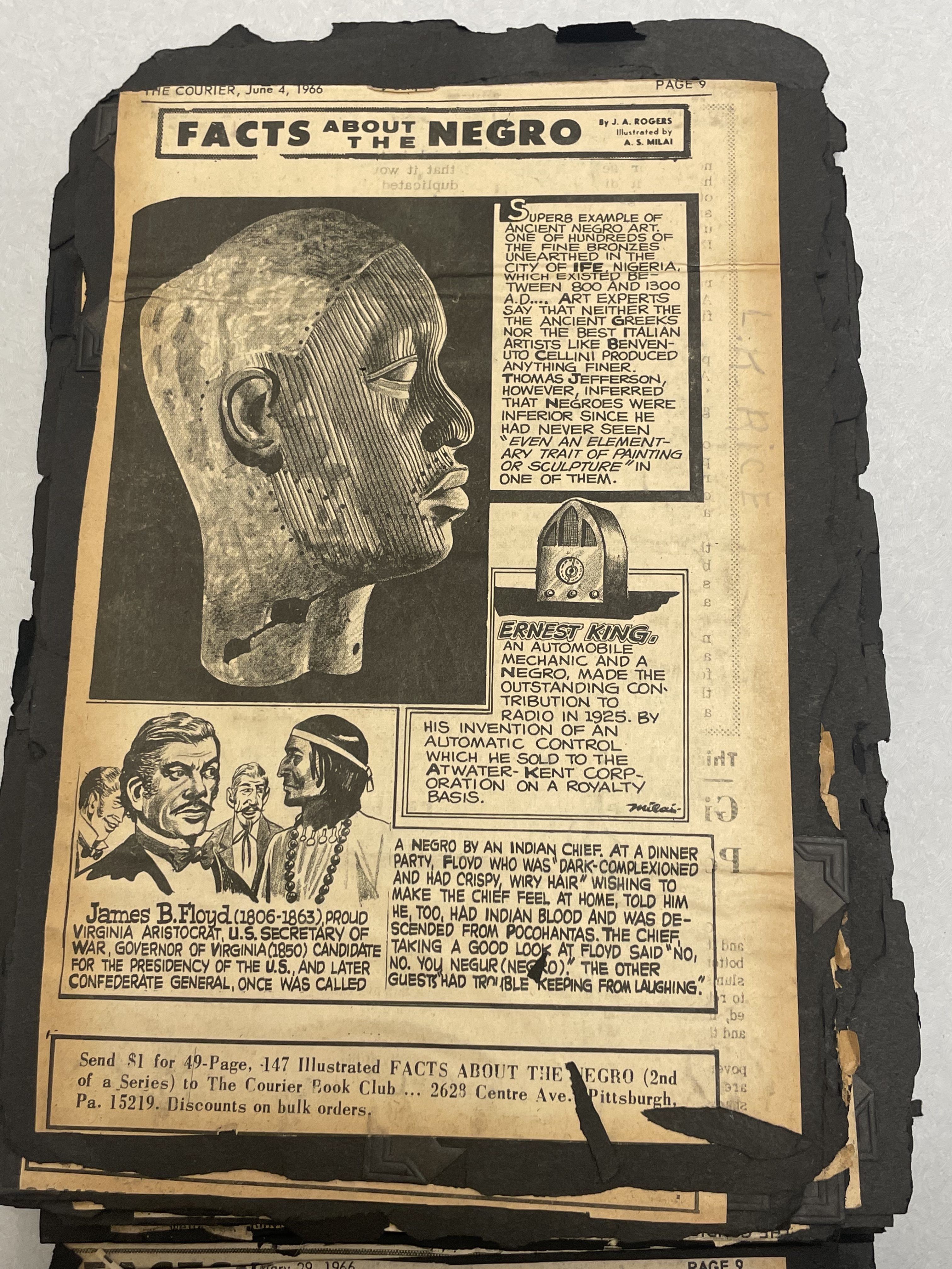 A page of Fats About the Negro, written by J. A. Rogers and Illustrated by A. S. Millai. There's an image of a statue, an old-timey radio, and a dark-skined aristocrat speaking to a Native American. The text is blurry but written in a comic-sans style font.