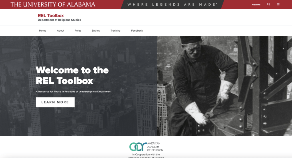 "Welcome to the REL Toolbox, a resource for those in positions of leadership in a department." There's a button to "learn more." On the side is a steelworker atop a skyscraper.