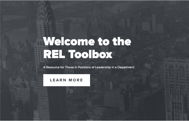 The New York City skyline is in the background. The text reads,"Welcome to the REL Toolbox, a resource for those in positions of leadership in department."