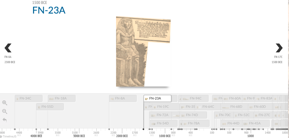 A timeline with a newspaper clipping of an ancient Egyptian ruler selected (1500BCE). It's marked Fn-23A.
