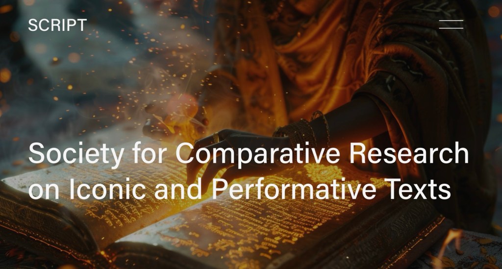 Society for Comparative Research on Iconic and Performative Texts. There’s a background image of a metal illuminated text from South Asia being fired into print.