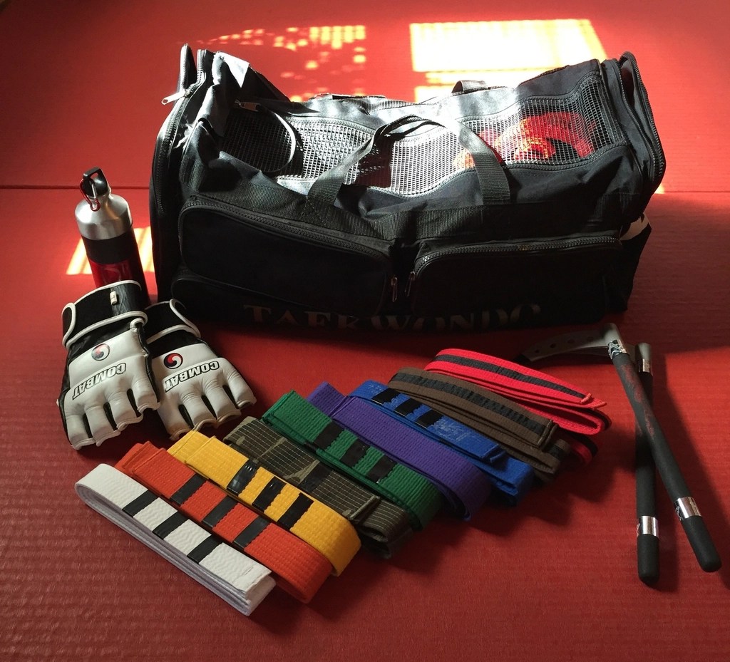 A martial arts bag, mma gloves, martial arts belt, a pair of kama, and a waterbottle.