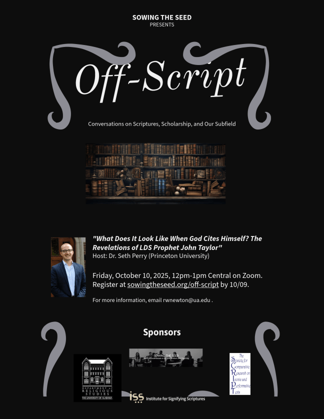 Seth Perry's Flyer for Off-Script. There's a library of books in the center.