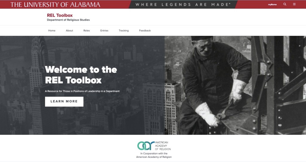 Splashpage of the REL Toolbox . There's a black and white photo of a worker on a high-rise, using a wrench.